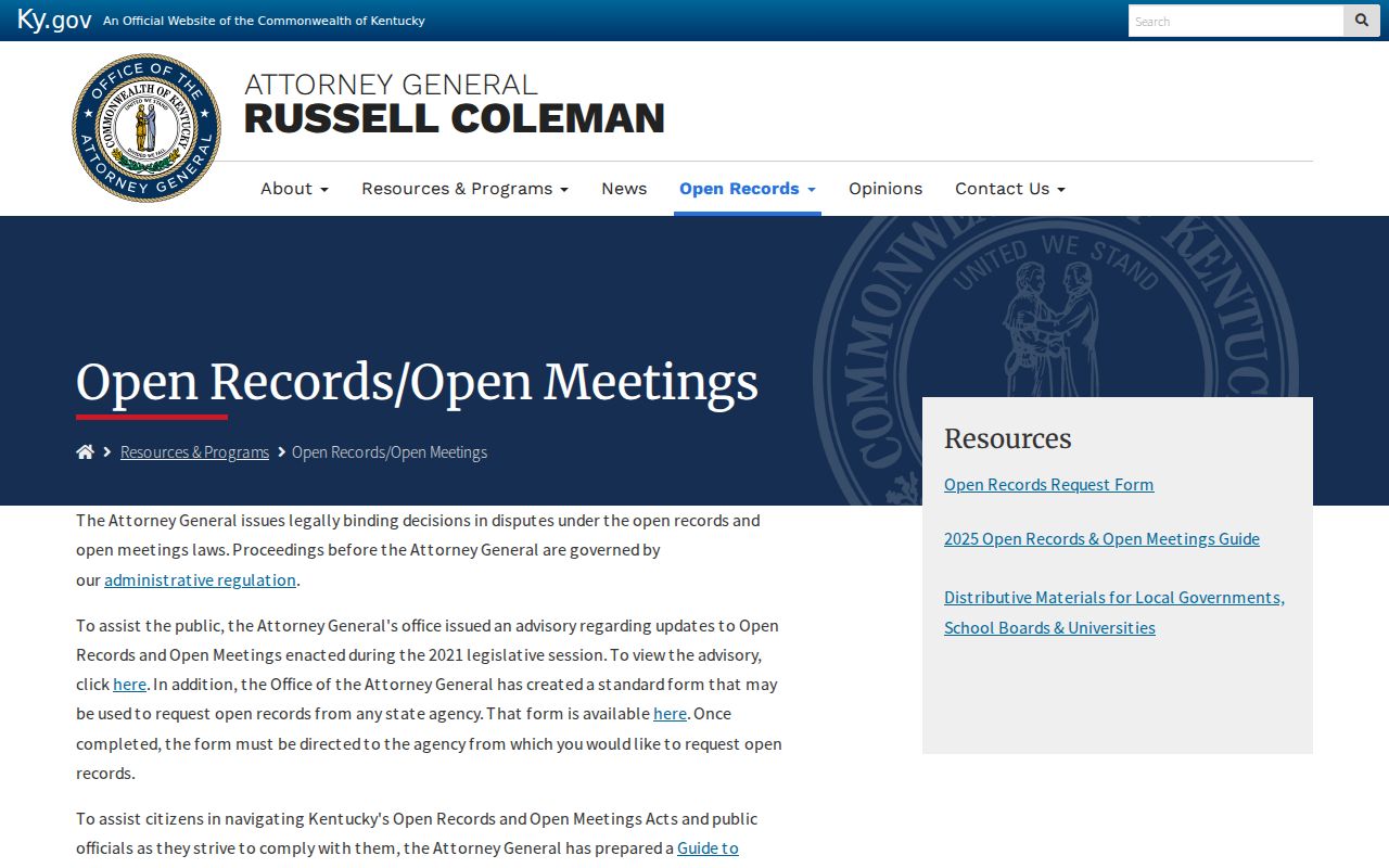 Kentucky Attorney General open-records resources for Sadieville requests