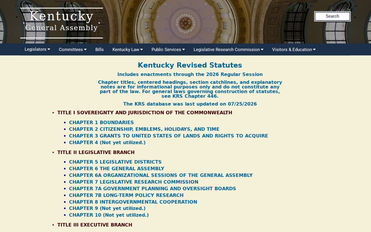 Kentucky Revised Statutes index used for Stamping Ground record law research